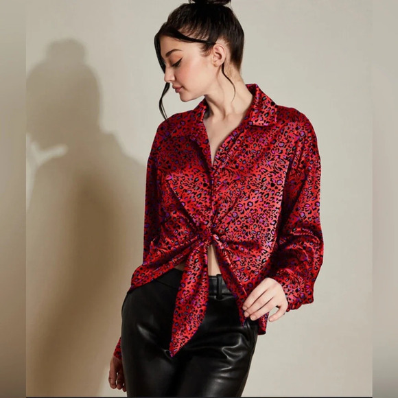 HUTCH CHERRY LEOPARD TIE WAIST BUTTON UP BLOUSE - Picture 3 of 8